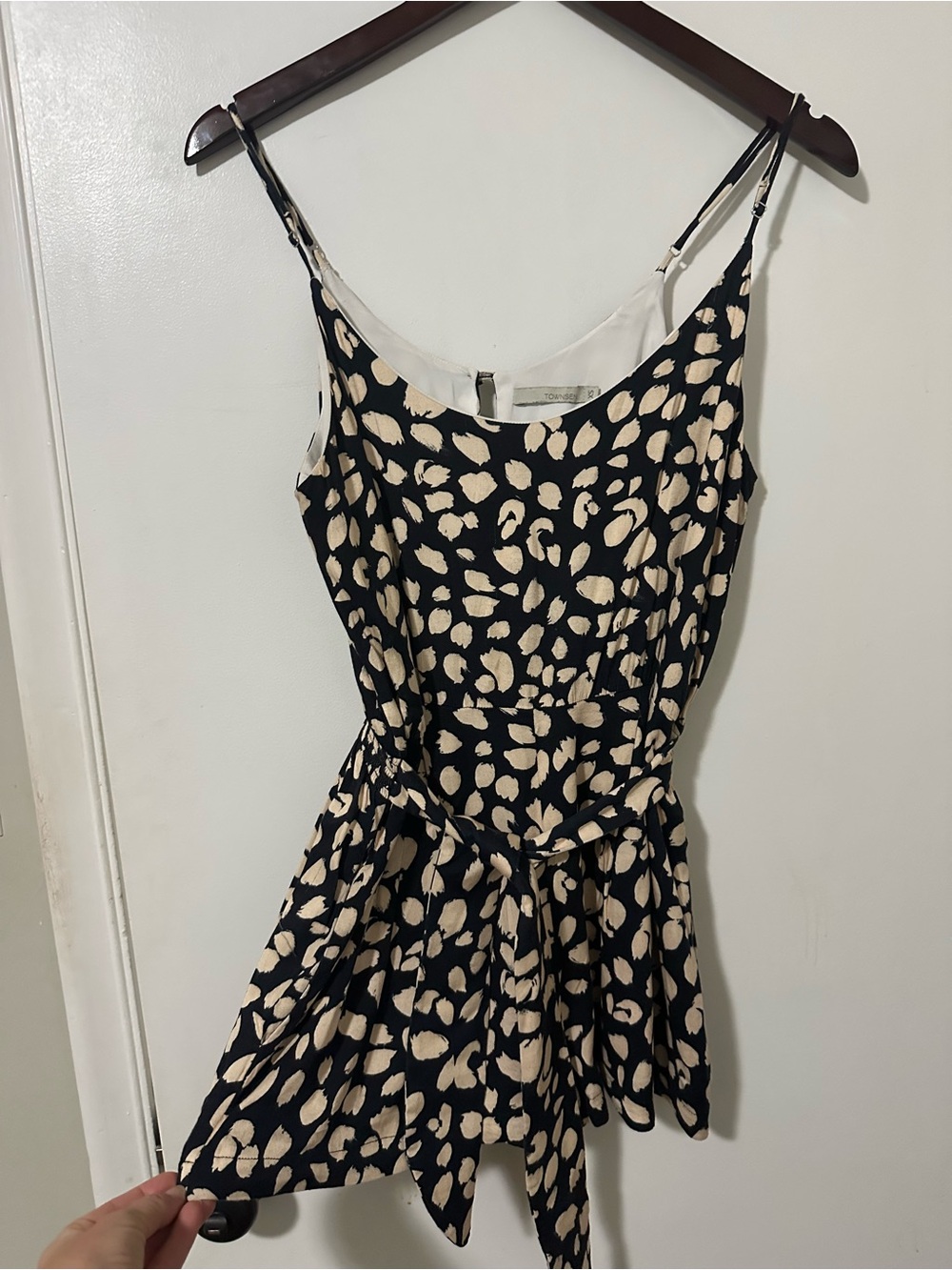 Navy Mini Romper with Cream Spot Print and Tie Waist